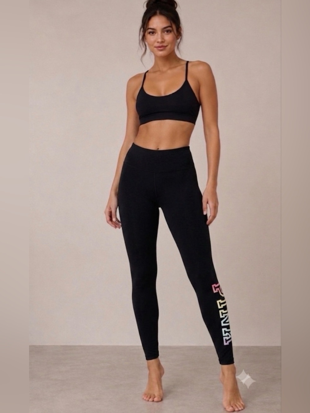 PINK Victoria's Secret Black Leggings with Multicolor Side Logo